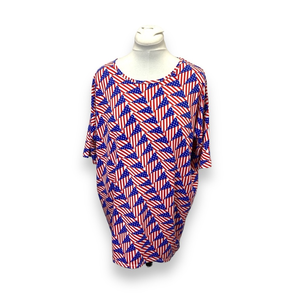 LulaRoe Women’s Irma Short Sleeve Crew Neck High-Low Tee, Patriotic, size M